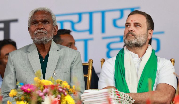 Rahul Gandhi with the newly sworn-in Jharkhand Chief Minister Champai Soren during the 'Bharat Jodo Nyay Yatra', in Pakur district on February 2, 2024 